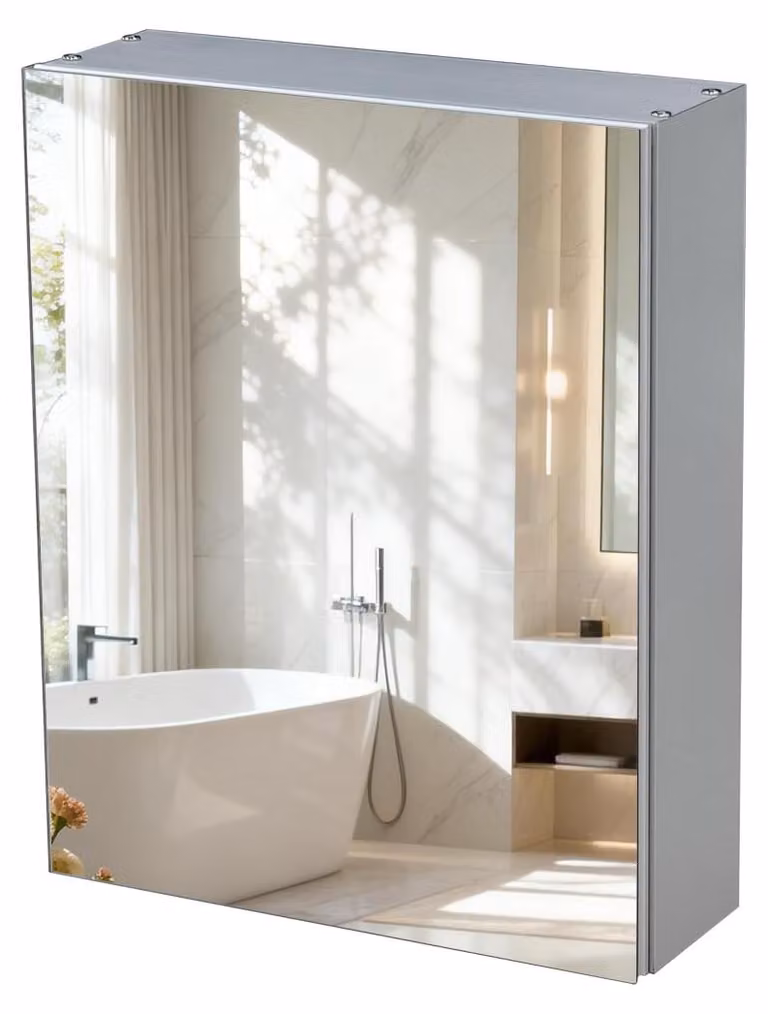 Mobiletto da bagno con specchio, struttura in alluminio, dimensioni 40x50x14 cm
