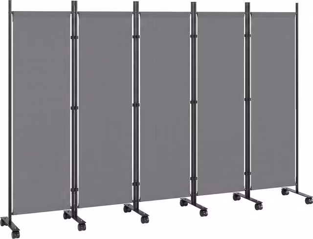 Paravento pieghevole Outsunny a 5 pannelli con 12 ruote, Grigio scuro, L: 252 cm, P: 40 cm, H: 170 cm