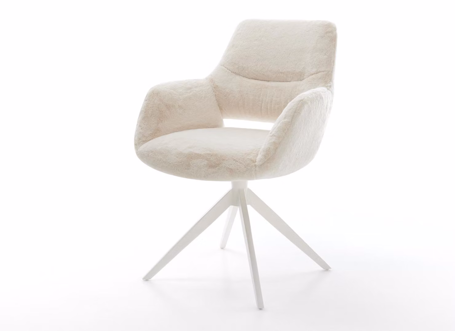Sedia girevole DELIFE Yago-Flex con braccioli, rivestimento in peluche bianco crema, base a croce larga bianca, rotazione a 360°, funzione oscillante, molle insacchettate