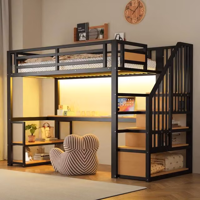 Letto a soppalco singolo WISHDOR in metallo e MDF con scrivania, ripiani, scala contenitore e sponde di sicurezza, nero – 1