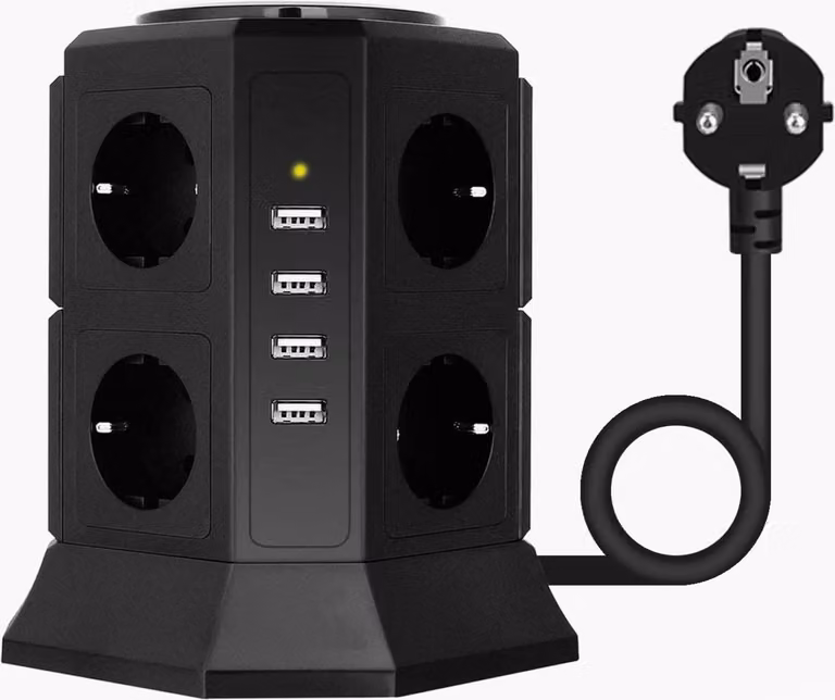 VOOMY 12-in-1 ciabatta con USB e interruttore - Presa a 8 vie - 4 cubi di prese USB-A - Torre multipla con protezione da sovratensione e cavo da 2M - 2500W - Nero