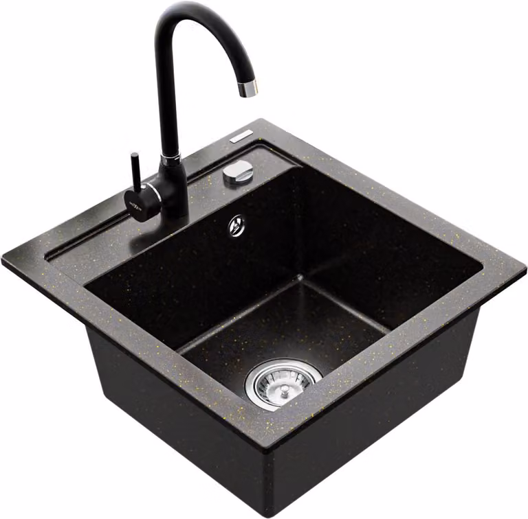 Mexen Vito lavello in granito a 1 vasca con rubinetto da cucina Telma, nero/oro metallizzato - 6503-75-670200-70