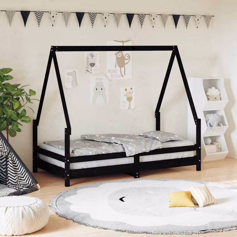 vidaXL Giroletto per Bambini in Legno Massello di Pino Nero L: 160 cm, P: 80 cm, H: 139,5 cm