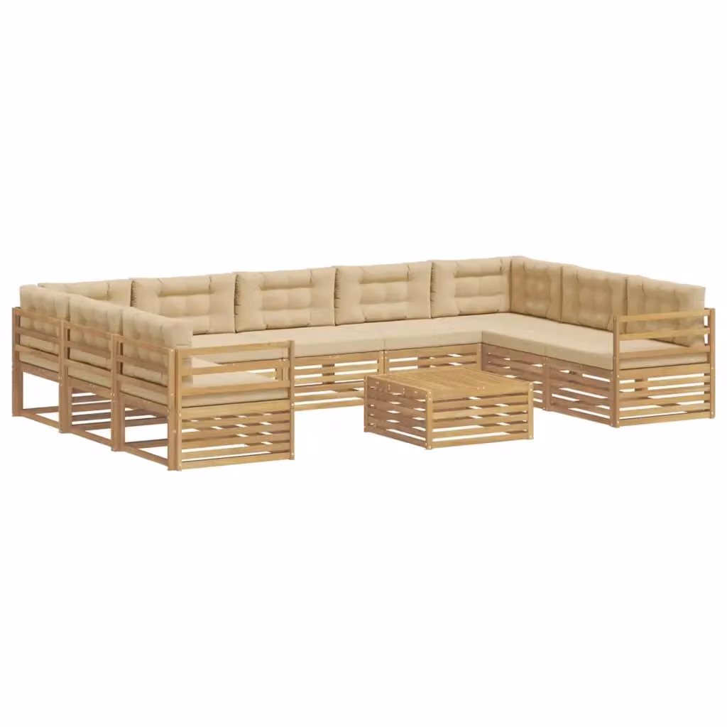 Set di divani da esterno a L con tavolino da caffè vidaXL, in legno di acacia e tessuto bianco e beige, composto da 10 pezzi con cuscini inclusi – 2