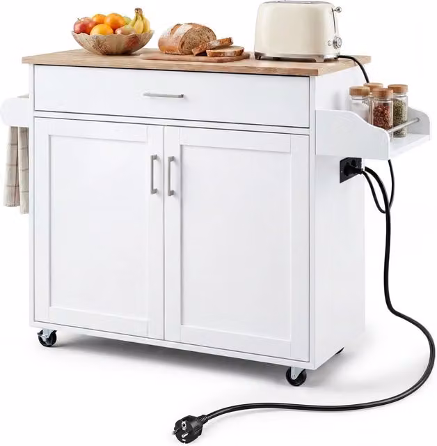 Isola da cucina con mensola regolabile in 3 posizioni con ciabatta elettrica, Carrello da cucina con ruote di gomma Bianco
