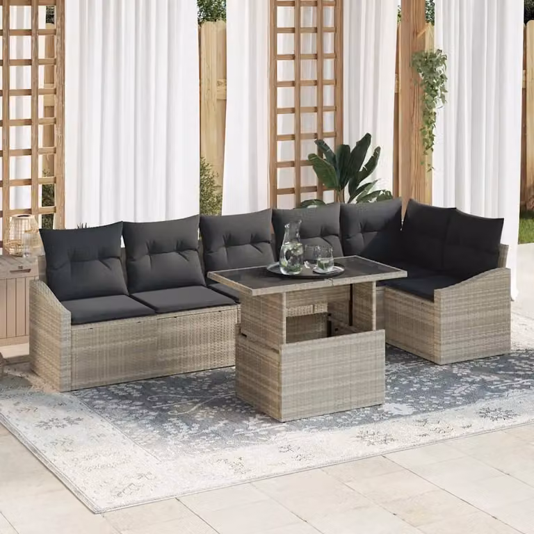 Set Divano da Giardino vidaXL 7 Pezzi a Forma di L Grigio con Tavolino e Cuscini in Polyrattan e Acciaio
