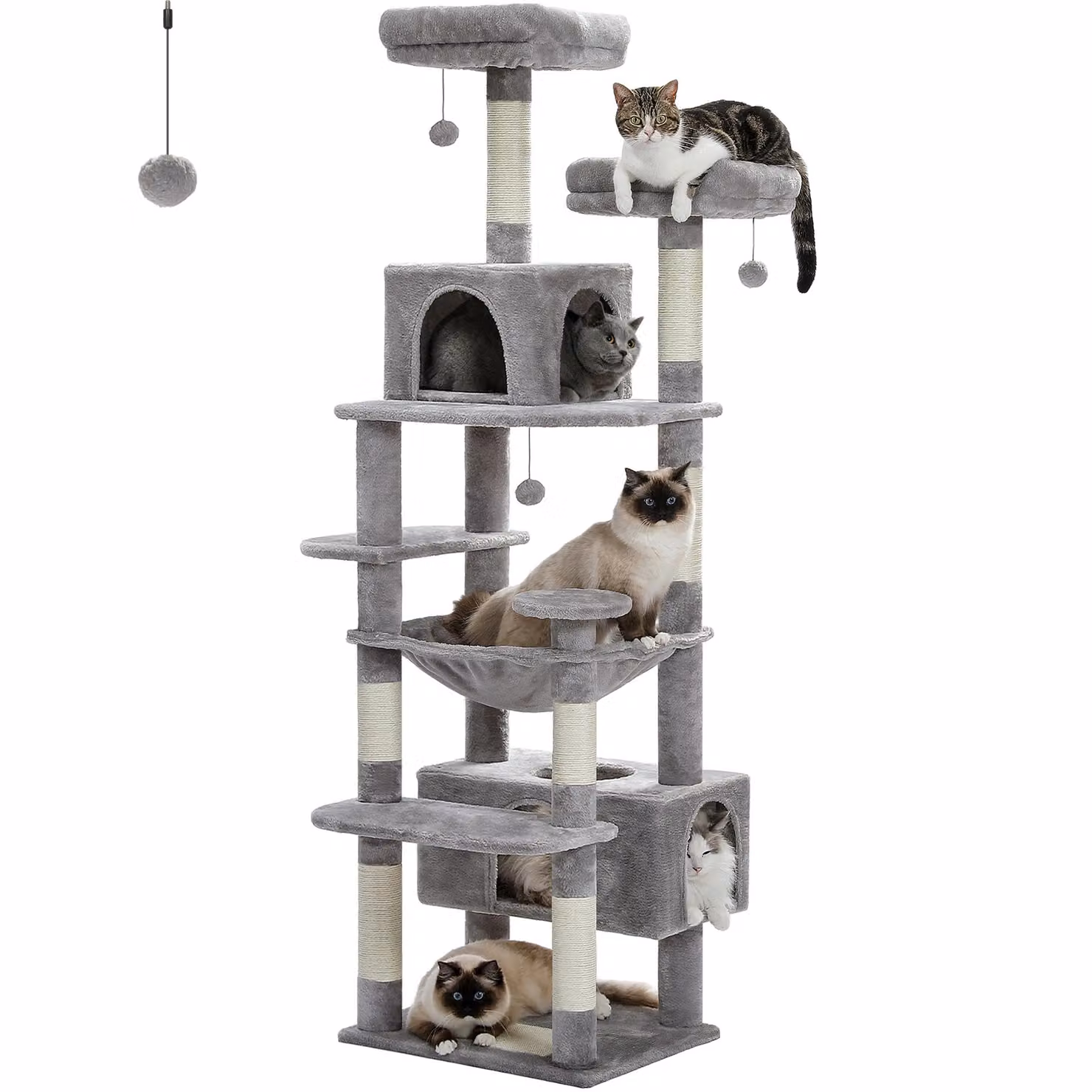 Grande torre per gatti, ampia amaca, tiragraffi rivestito in sisal , AMT0204GY, 136 cm