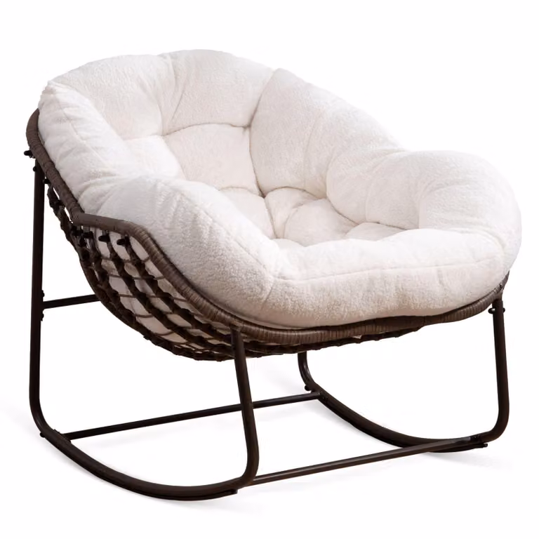 Poltrona a dondolo di grandi dimensioni, con rivestimento in rattan di plastica, cuscino in velluto spesso 15 cm, comoda poltrona relax, forma elegante a conchiglia, design moderno