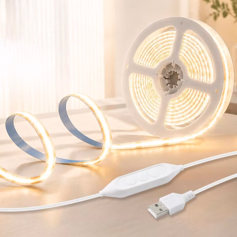Striscia LED COB, alimentazione USB 5V, luce calda, dimmerabile, 4 metri, ideale per illuminazione decorativa