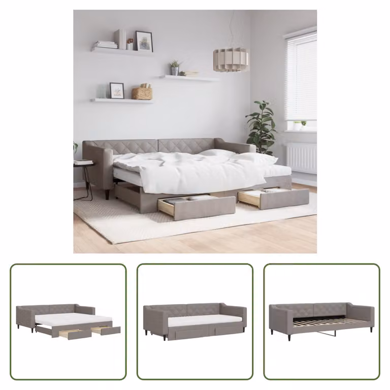 The Living Store Letto allungabile con cassetti Taupe 90x200 cm tessuto