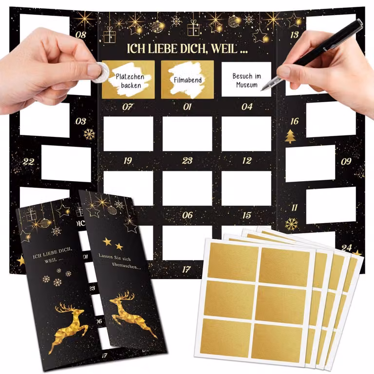 Calendario dell'Avvento per coppie, da grattare, fai da te, con 24 biglietti da grattare, color oro e nero