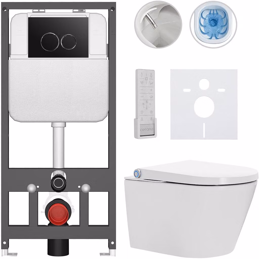 WC sospeso con bidet Basic/Cronus Premium - bianco lucido - pulsante WC Dualo/nero - sospeso - installazione a parete - 59,3x38,4 cm