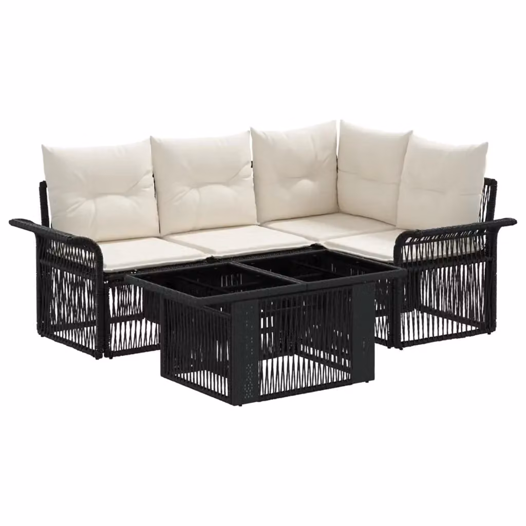 Set Divano da Giardino a L con Tavolino vidaXL, 5 Pezzi, Nero e Bianco Crema, in Polyrattan e Metallo con Cuscini Inclusi – 2