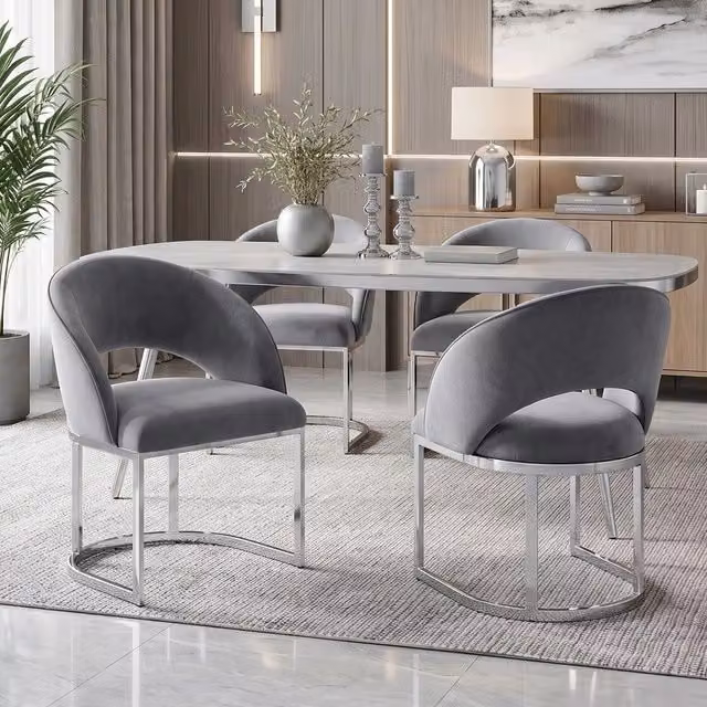 Set 4 Sedie da Pranzo ¨C Minimal ¨C Grigio, rivestimento in velluto, gambe argento, stile moderno, imbottite per soggiorno cucina
