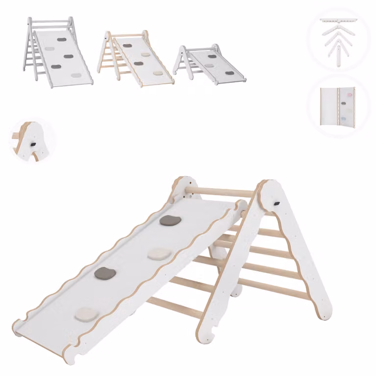 Struttura di arrampicata per interni MAMOI®, triangolo di arrampicata con scivolo in legno, torre di arrampicata con tavola di scivolo, scivolo per bambini ad arco di arrampicata, frusta arcobaleno