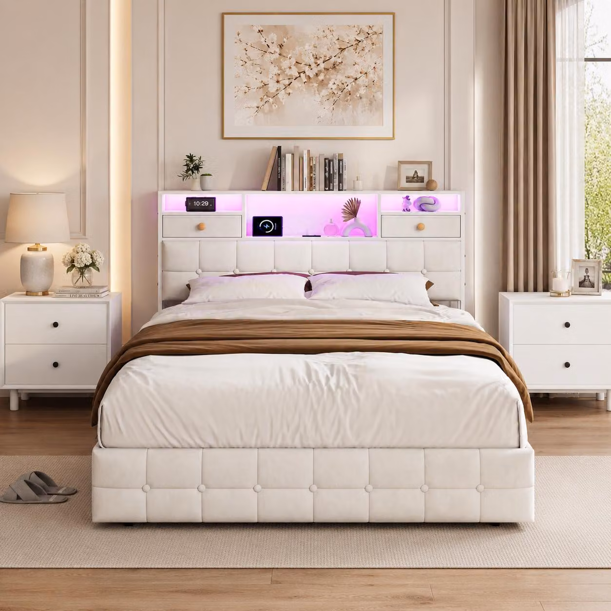 Letto imbottito INONEFT 160x200 con LED e USB, letto per ragazzi con testiera dotata di 2 vani chiusi e 3 ripiani aperti, 4 cassetti, color beige