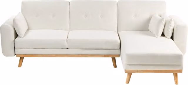 Divano Angolare ad Angolo Sinistro Bianco in Tessuto Imbottito a L con Seduta Trapuntata Cuscini Decorativi e Funzione Letto