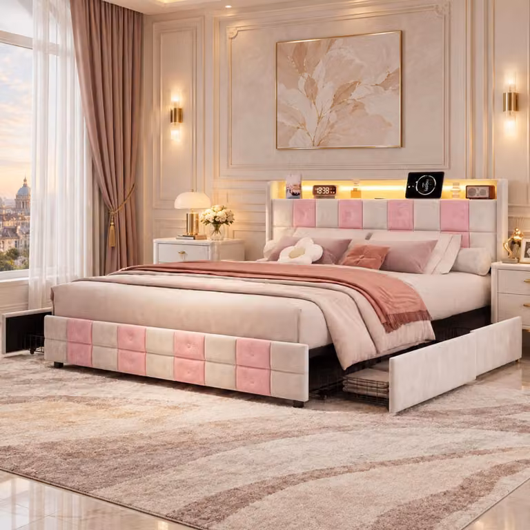 Letto imbottito INONEFT, 140x200 cm, con 4 cassetti e spazio contenitivo, letto matrimoniale con USB e LED, letto per ragazzi con rete a doghe, letto contenitore, in velluto, bianco e rosa