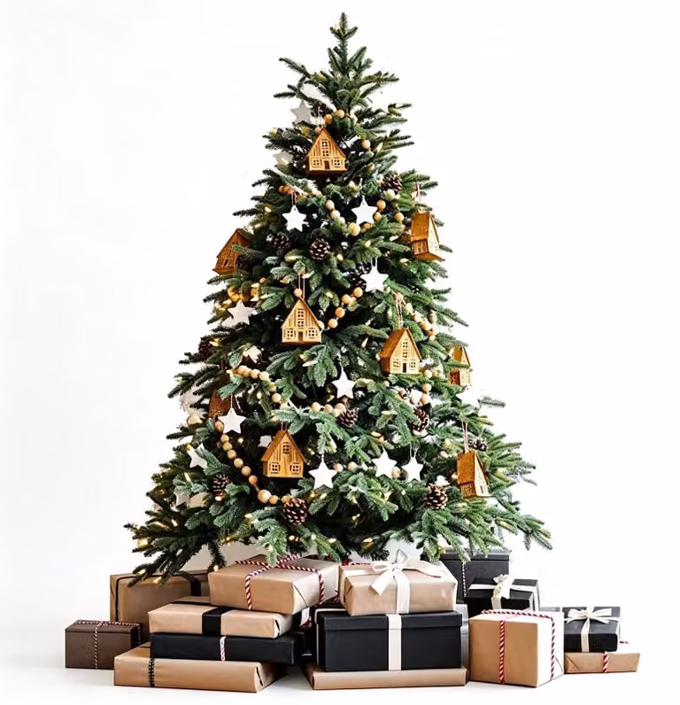 Albero di Natale decorativo in legno con casetta, ideale per interni