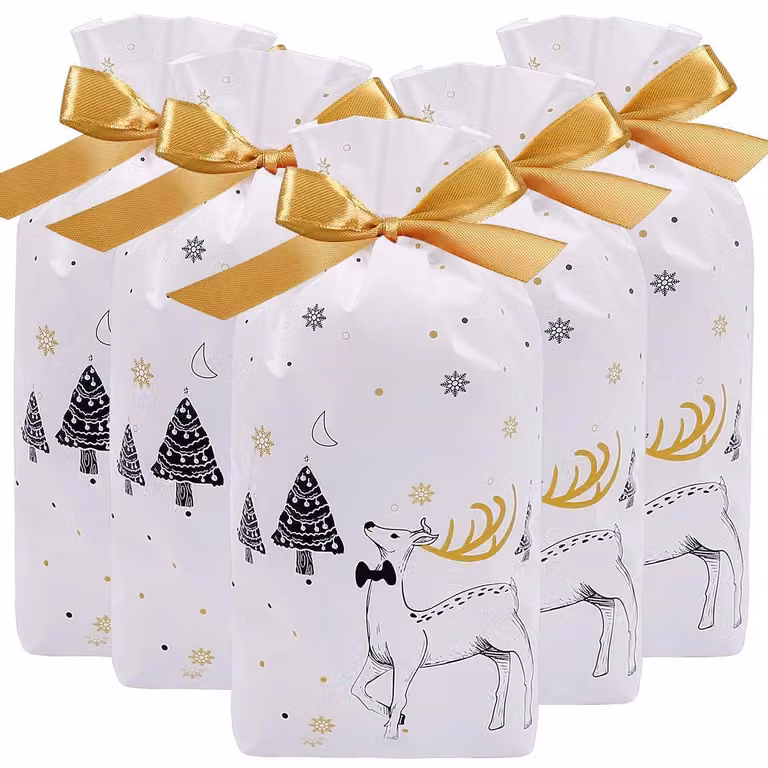 Sacchetti per dolcetti natalizi, confezione da 50 pezzi, colore bianco, motivo renna, dimensioni 14,7 x 22,5 x 6 cm, adatti al contatto con gli alimenti