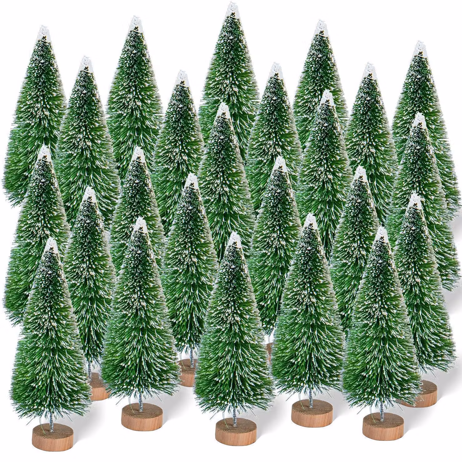 Mini albero di Natale artificiale con effetto neve, a forma di pino, con base in legno, confezione da 24 pezzi, altezza 4,5 cm, colore verde