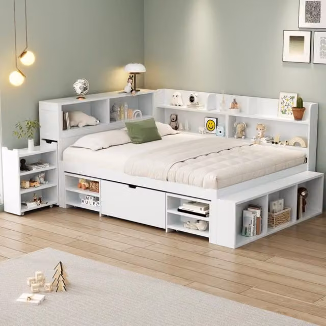 Letto per bambini 140x200 bianco, letto singolo multifunzionale con cassetti e libreria