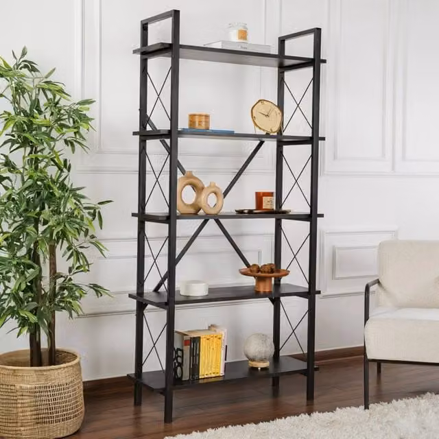 Libreria Suriel DMORA in metallo nero opaco per ufficio e soggiorno, L 90 cm x P 34 cm x H 180 cm – 1