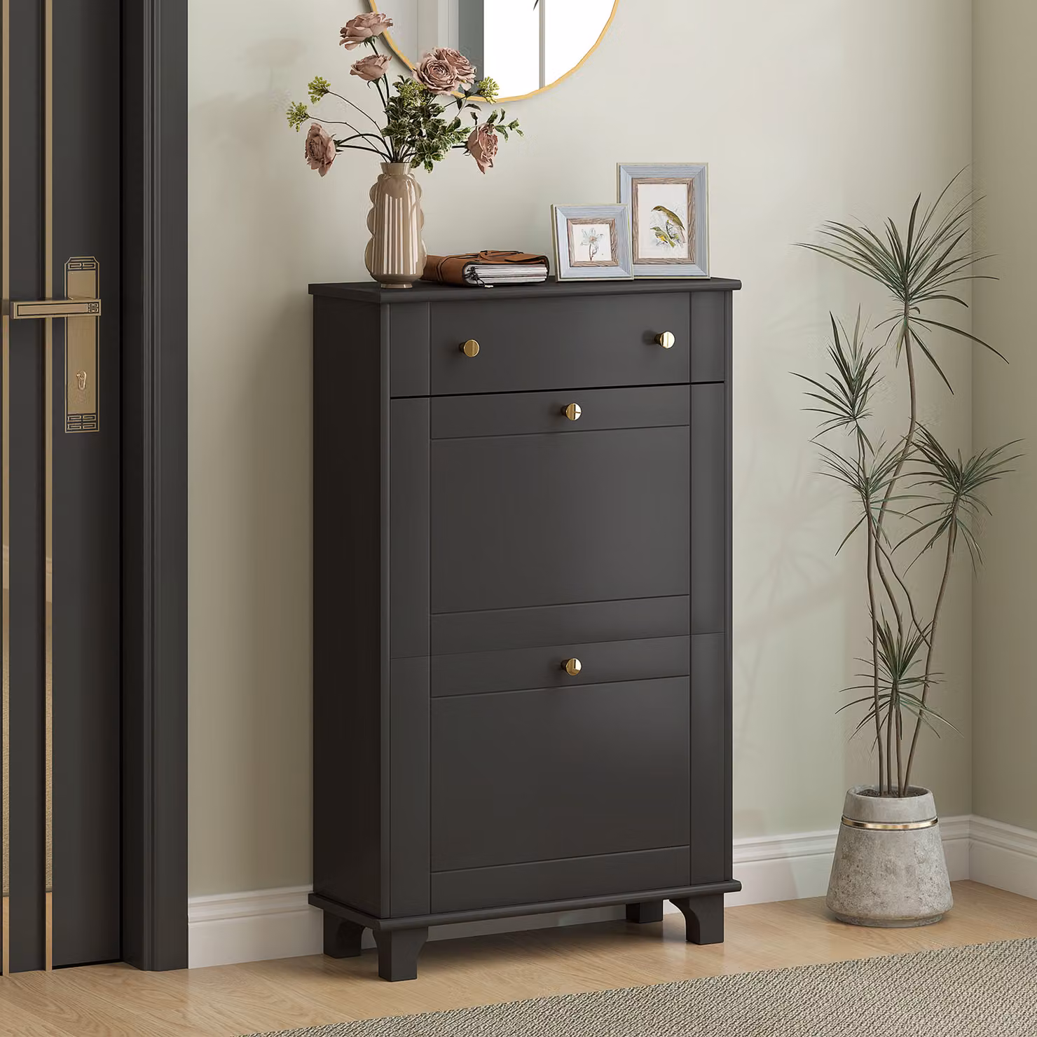 Scarpiera Slim HOMCOM con cassetti a ribalta e scaffale regolabile, Nero e Oro, L: 60 cm, P: 23,5 cm, H: 98,5 cm – 2