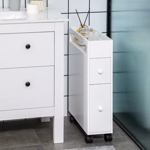 Mobile bagno 16x49.5x66 cm con ruote e 2 cassetti in MDF bianco