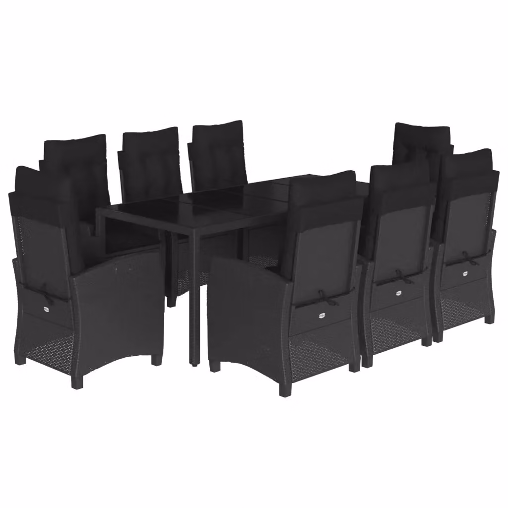 Set da pranzo da giardino vidaXL in polyrattan nero con cuscini e tavolo in vetro, 9 pezzi – 2