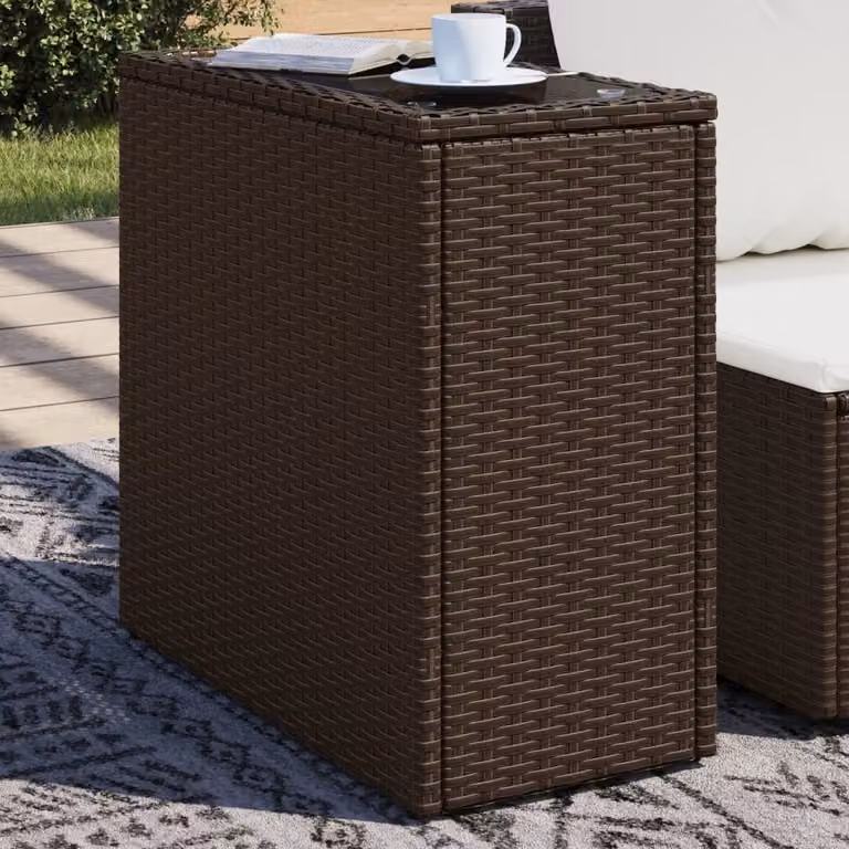 Tavolino da giardino moderno vidaXL in polyrattan marrone con piano in vetro L: 58 cm, P: 27,5 cm, H: 55 cm