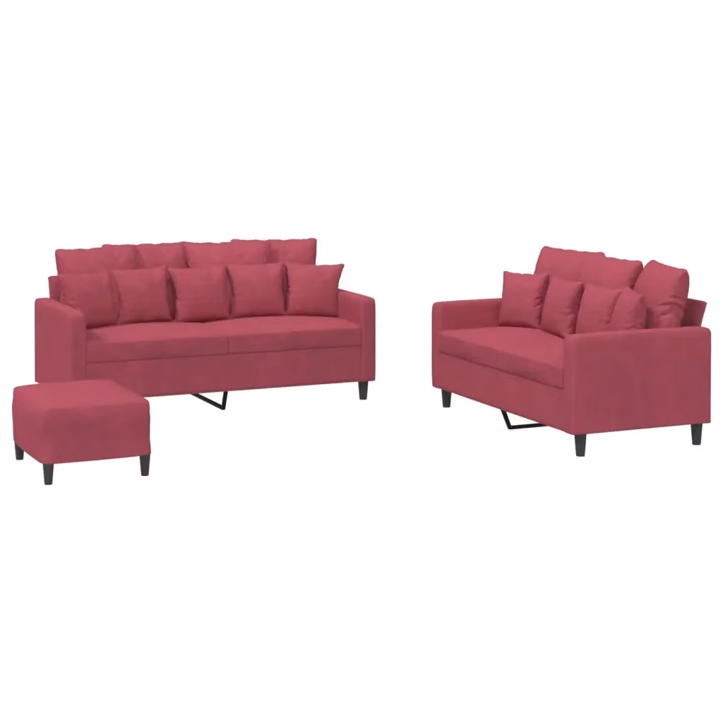 vidaXL Set di Divani 3 pz in Velluto Rosso con Cuscini e Struttura Imbottita – 2