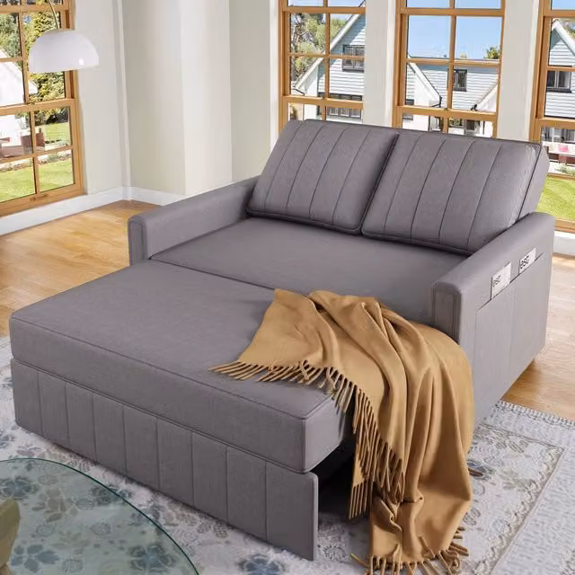 Divano letto convertibile con schienale regolabile e 2 cuscini in schiuma e tessuto cotone lino grigio antico