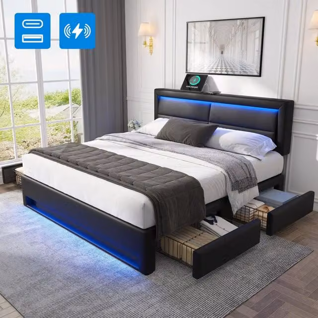 Letto imbottito con cassetti e LED ¨C Minimal ¨C nero similpelle 140x190cm con ricarica wireless e USB