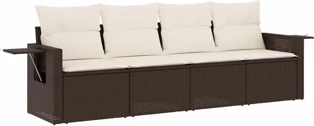 Set Salotto da Giardino 4 Pezzi Design In in Polyrattan Marrone con Cuscini Bianchi e Tavolino
