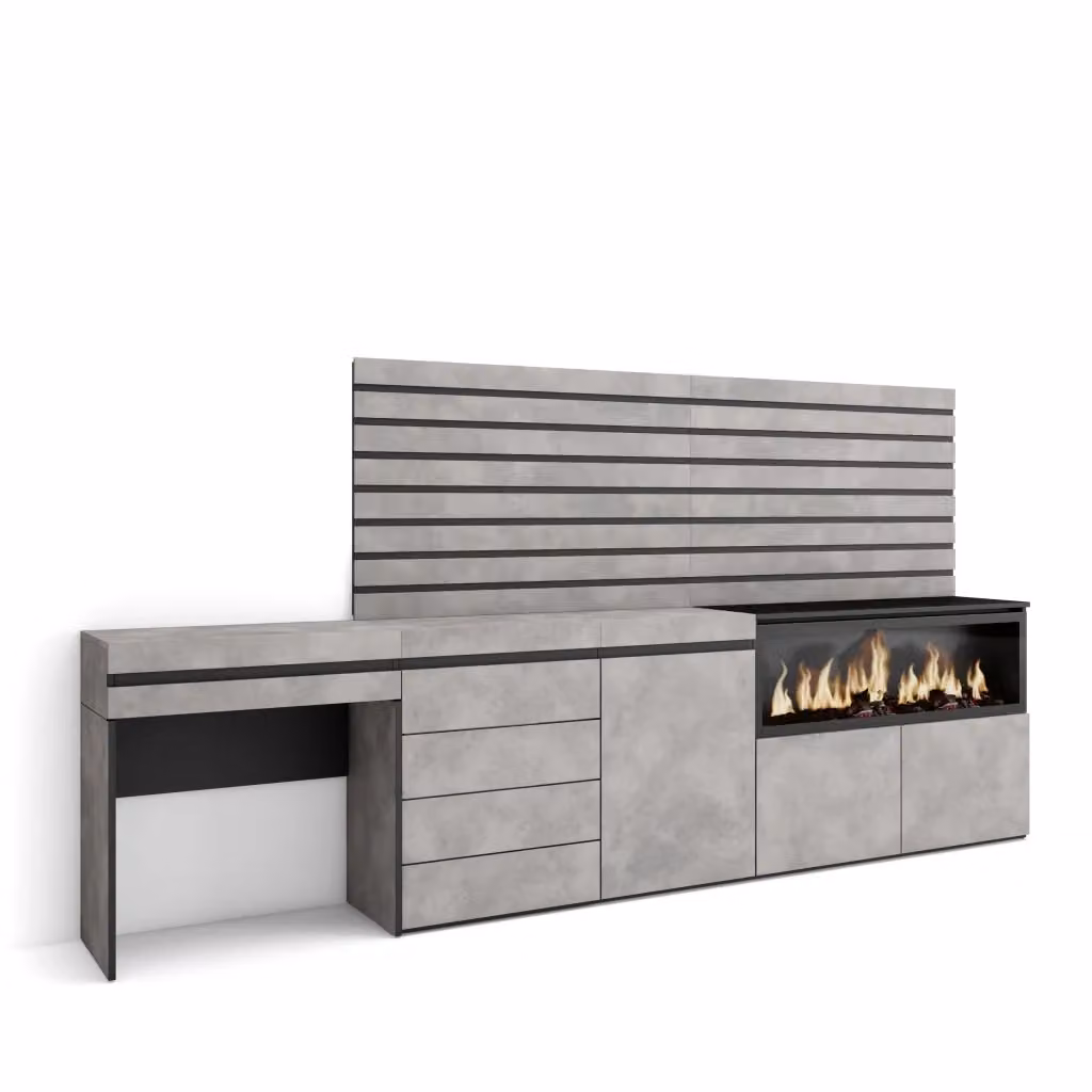 Tavolo da toeletta SKRAUT HOME con camino elettrico XXL, cassettiera e pannelli decorativi, grigio cemento, L: 284 cm, P: 35 cm, H: 145 cm – 2