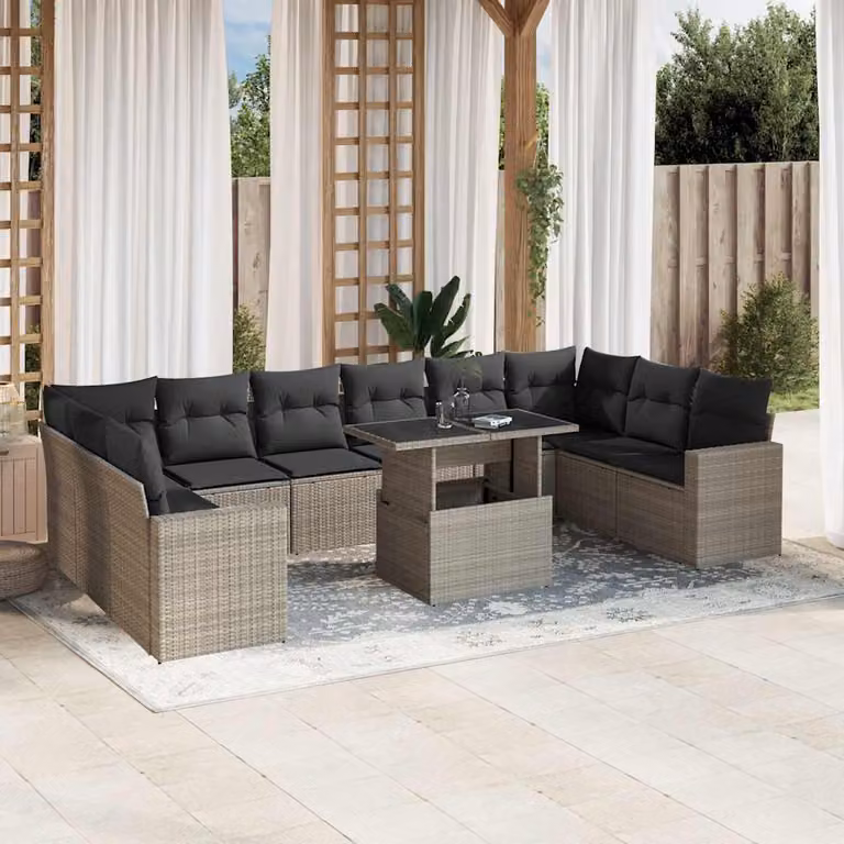 Set di divani da giardino vidaXL 11 pezzi in polyrattan grigio antracite con cuscini e tavolino da esterno a forma di L