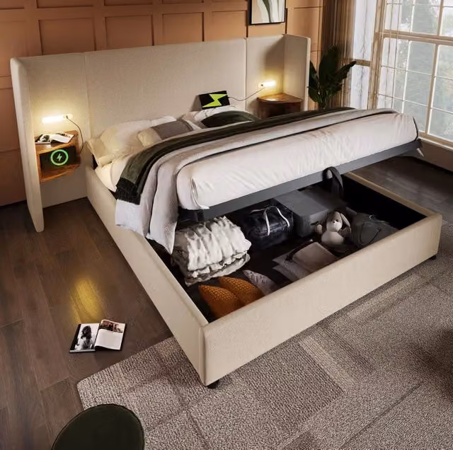 Letto matrimoniale 180x200 cm con contenitore; lampada da lettura; USB e Type-C; beige in lino
