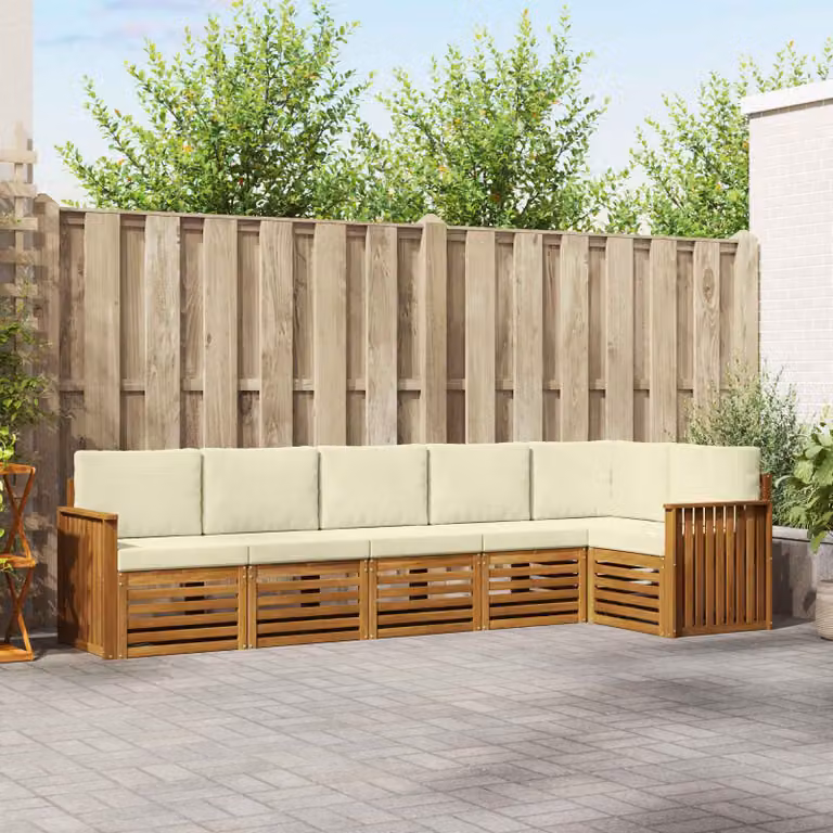 Set di divani da esterno vidaXL 6 pz a forma di L in legno di acacia con cuscini beige e bianco
