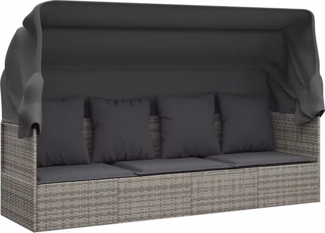 Lettino Prendisole | Sdraio da giardino | Lettino da sole Esterno Tetto e Cuscini Grigio Polyrattan