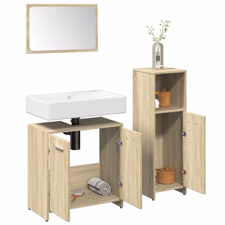 Set di mobili da bagno moderno vidaXL composto da 3 pezzi in legno e vetro, colore marrone e beige
