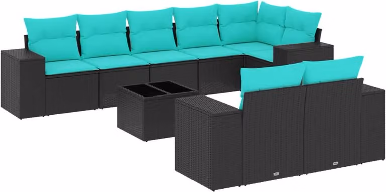 Set Divani da Giardino 9 pz con Cuscini Nero in Polyrattan