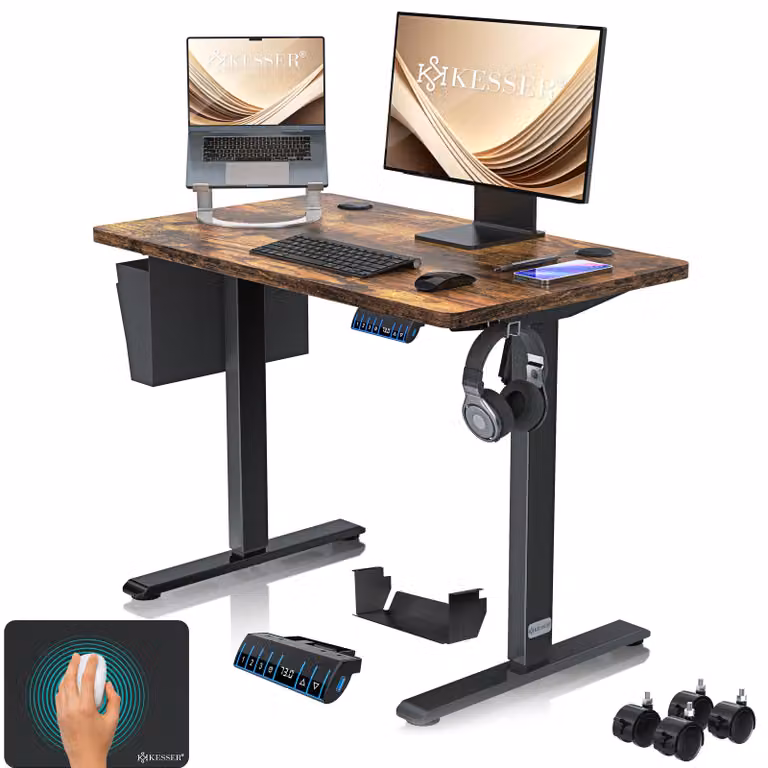 Scrivania regolabile in altezza KESSER®, elettrica, con memoria a 3 posizioni, inclusi rotelle e porta USB