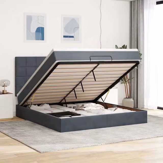 Letto moderno vidaXL con contenitore a sollevamento, rivestimento in velluto grigio e bianco, con illuminazione sottostante e porte di ricarica USB, L/P/H: 160 x 200 x 28 cm