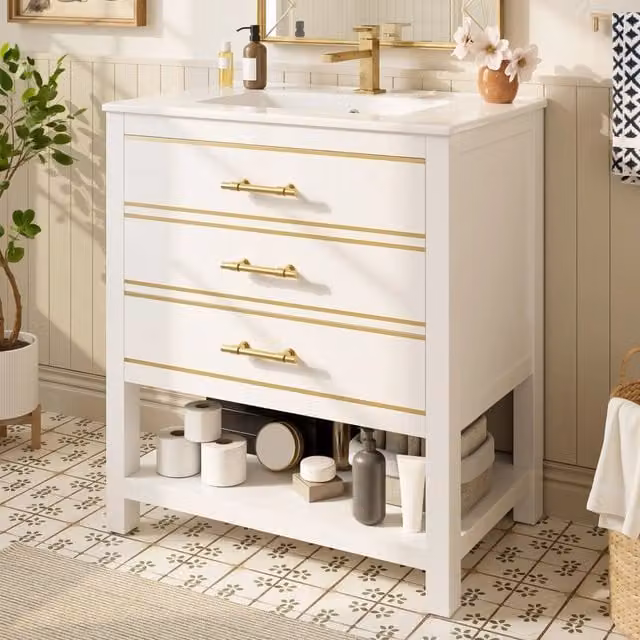 Mobile sottolavabo bagno WISHDOR moderno in MDF laccato lucido bianco e oro con lavabo in ceramica, 2 cassetti e vano aperto, Altezza: 76 cm