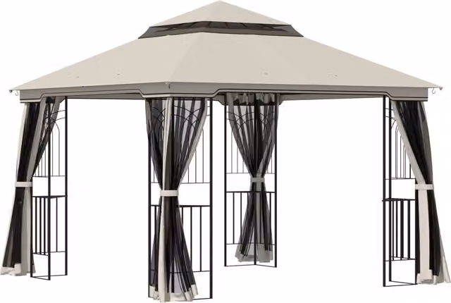 Gazebo da giardino con doppio tetto Tenda da giardino Tenda da giardino Tenda per feste con 4 x pareti laterali in metallo+poliestere beige 2;99 x 2;99 x 2;74 m