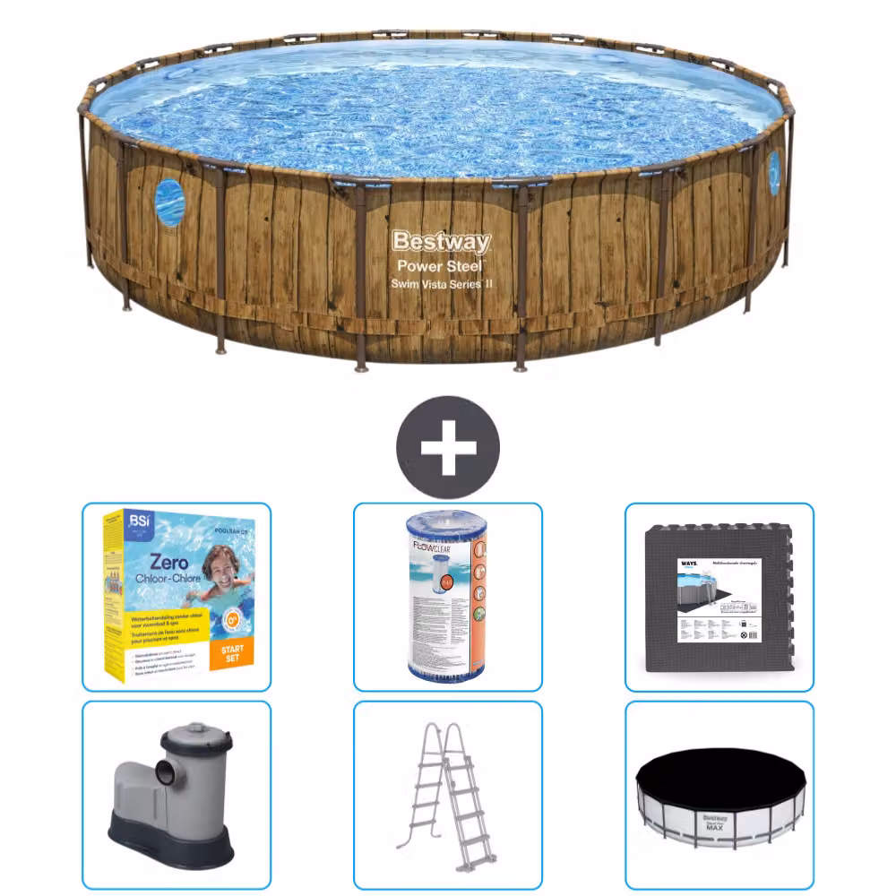 Piscina Bestway Round Power Steel Swim Vista - stampa su legno - 549 x 122 - compresa pompa - scaletta - copertura pacchetto manutenzione - filtro - piastrelle per pavimento