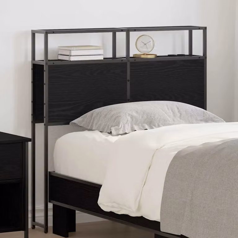 Testata del letto con contenitore vidaXL in legno ingegnerizzato e metallo, colore nero opaco, con ripiano integrato e porta di ricarica USB, L: 98 cm, H: 78 cm, P: 15 cm
