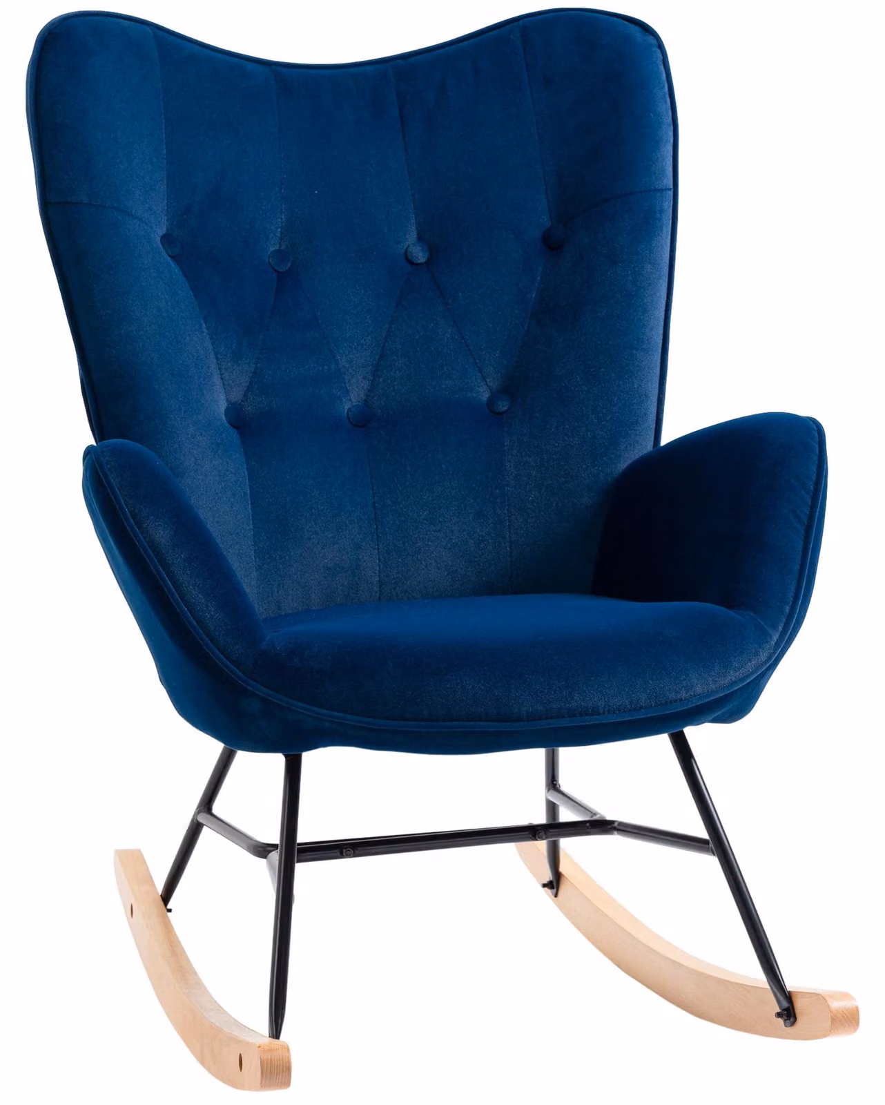 Sedia a dondolo, poltrona imbottita blu con rivestimento in velluto e base in legno, portata massima 150 kg
