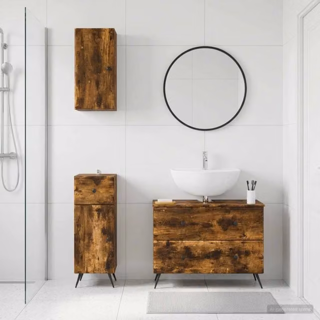 Set moderno di mobili da bagno vidaXL in legno marrone composto da un mobile lavabo e due pensili a muro con ripiani e cassetti